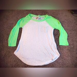 Hollister Lime Green and White 3/4 Sleeve Tee